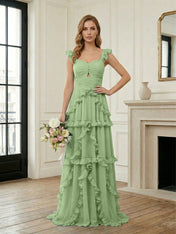 Ethereal Sky Blue Tiered Ruffle Chiffon Maxi Dress Gown