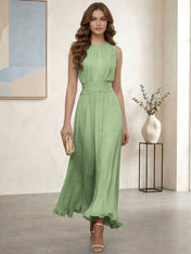 Ethereal Formal Evening Dress Ice Blue Pleated Chiffon Maxi Gown