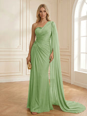 Sage Green One Shoulder Beaded Evening Gown with Cape Sleeve