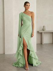Glamorous Midnight Navy Formal Evening Dress One-Shoulder Ruched Cape Gown