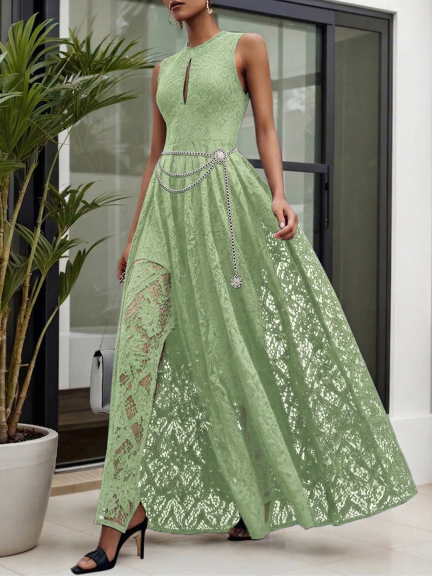 Midnight Black Lace Hollow Out Crew Neck Sleeveless A-Line Maxi Dress