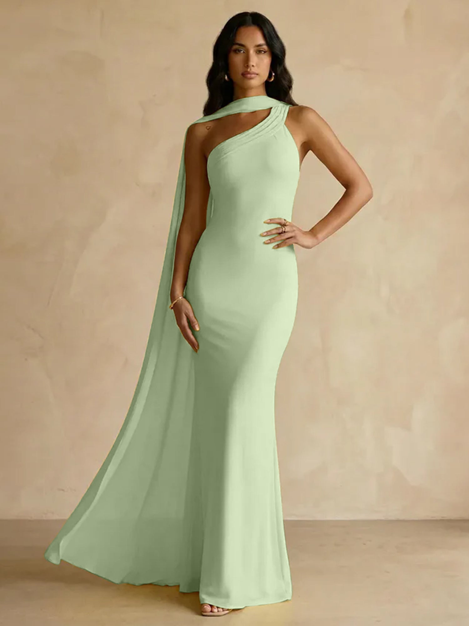 Yellow One-Shoulder Crepe Sheath Gown with Flowing Chiffon Cape Train