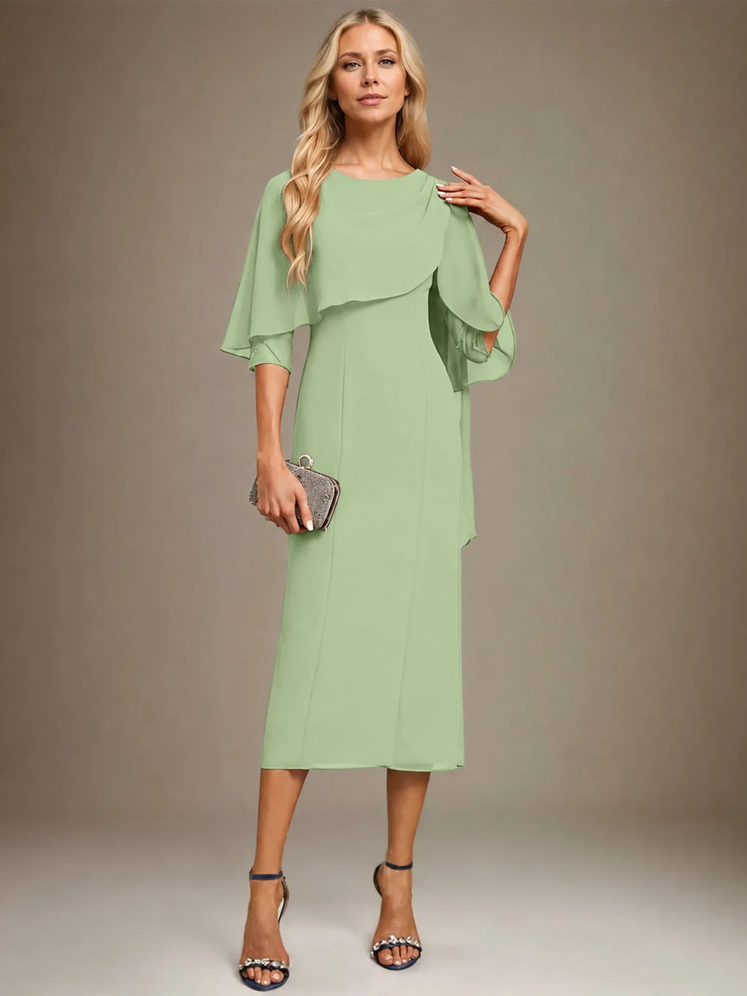 Sheath/Column Scoop Tea Length Chiffon Dress With Pleated Beading