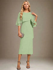 Sheath/Column Scoop Tea Length Chiffon Dress With Pleated Beading