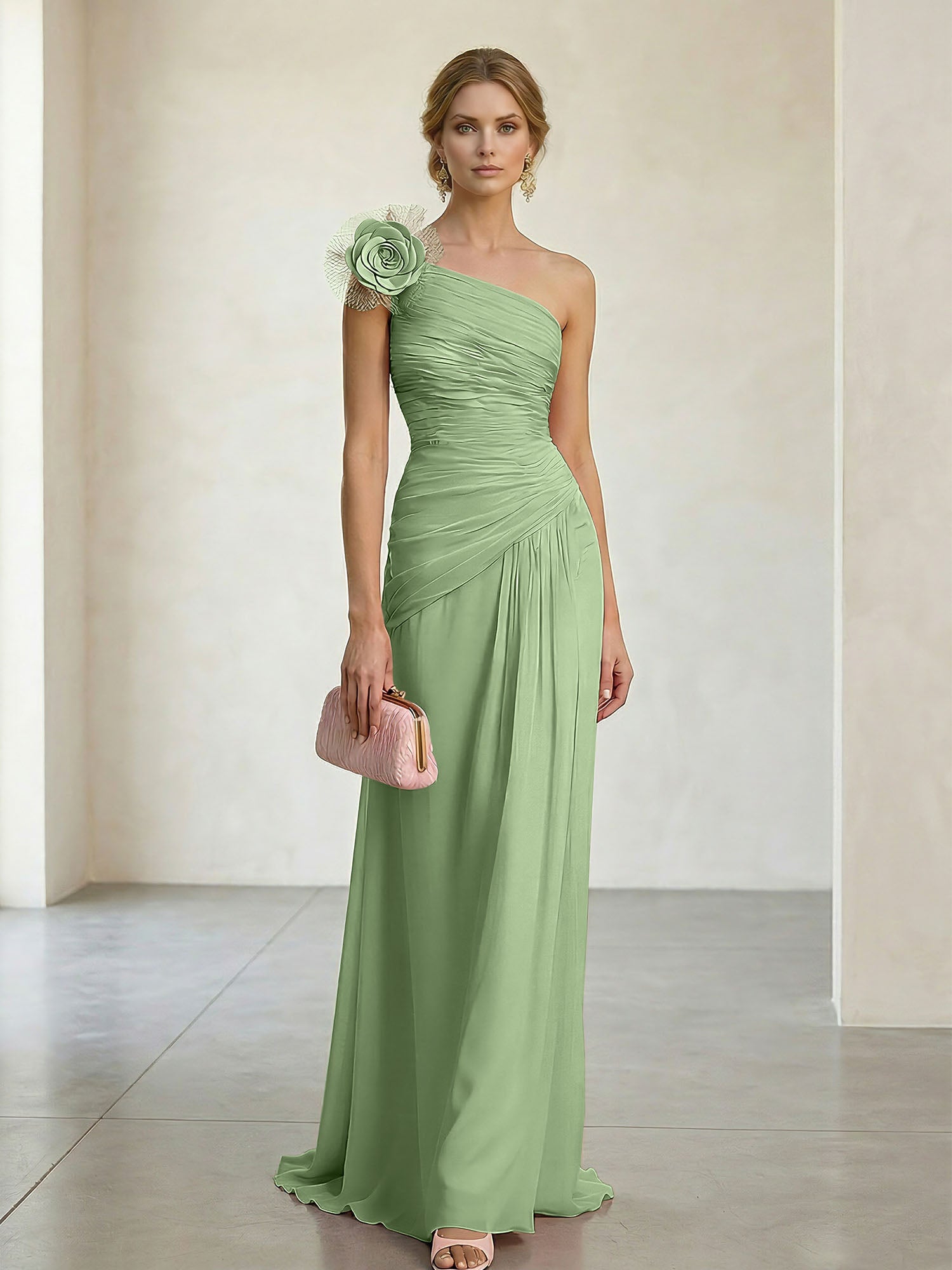 Blush Pink One-Shoulder Ruched 3D Floral Gown Dress