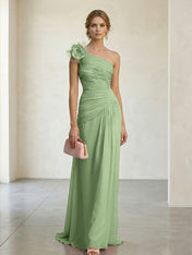 Blush Pink One-Shoulder Ruched 3D Floral Gown Dress