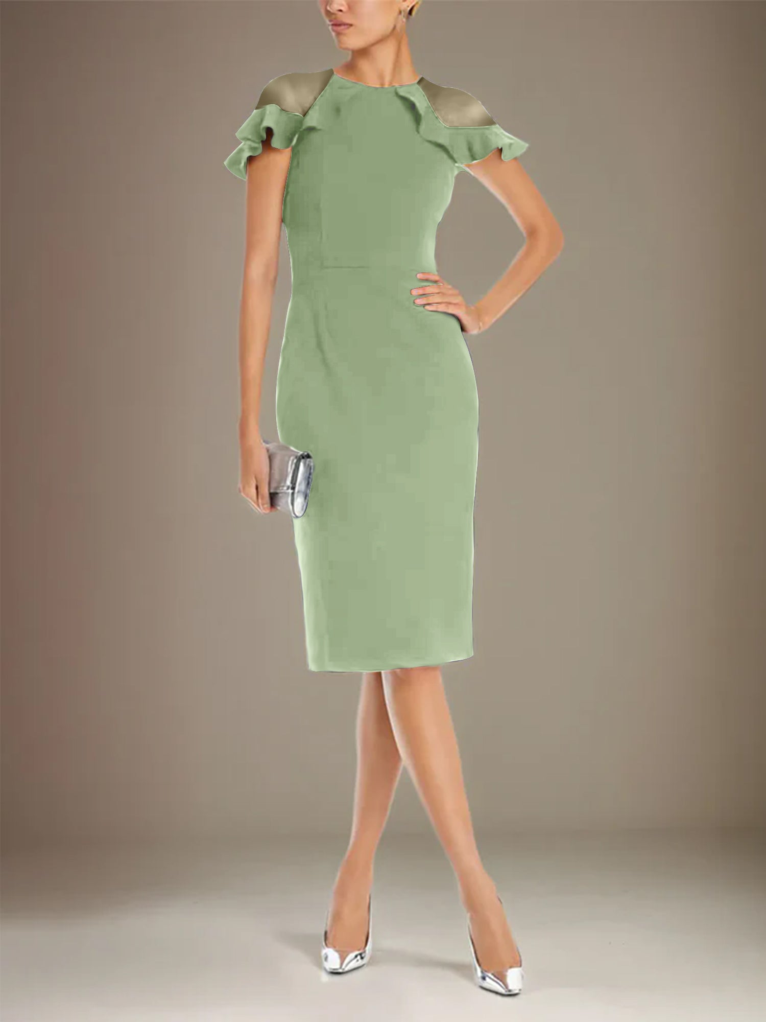 Column Stretch Crepe Scoop Short Sleeves Knee Length Dress