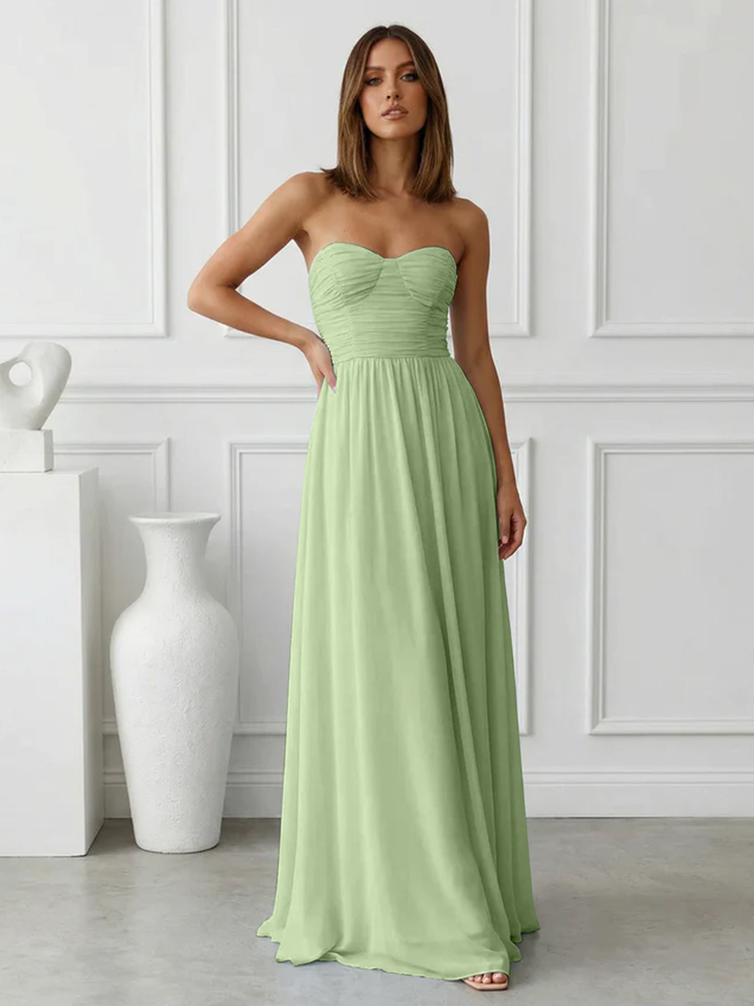 Light Blue Sweetheart Chiffon A Line Maxi Dress with Pleat