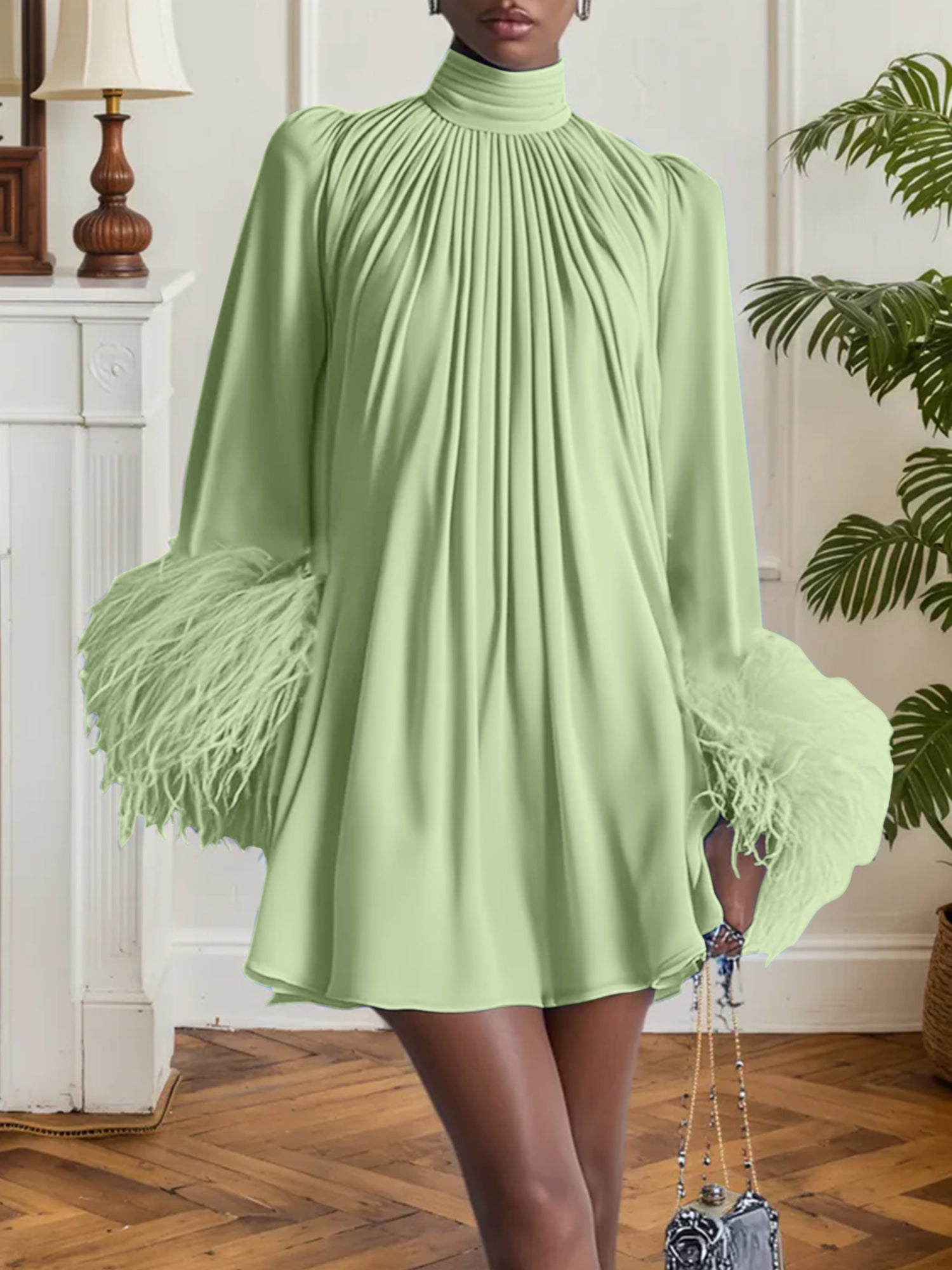 Blue Feather Ruched Chiffon Mock Neck Long Sleeve A-Line Mini Dress