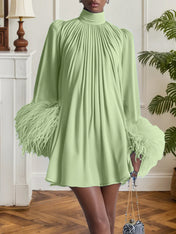 Blue Feather Ruched Chiffon Mock Neck Long Sleeve A-Line Mini Dress