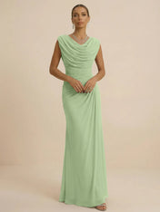 Dusty Grey Draped Cowl Neck Ruched Chiffon Evening Dresses