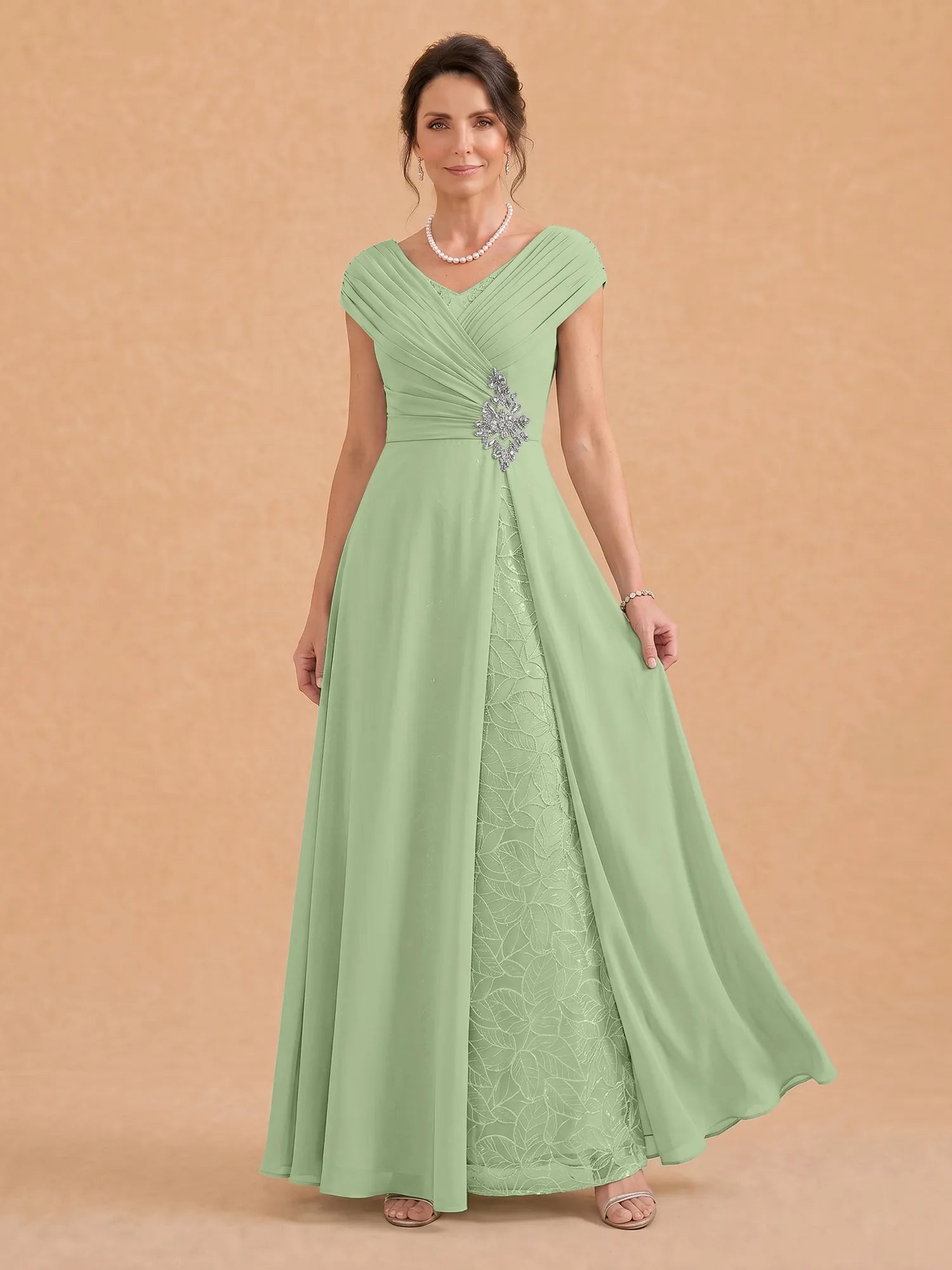 V-Neck Ruched Chiffon A-Line Mother of the Bride Dress with Crystal Brooch