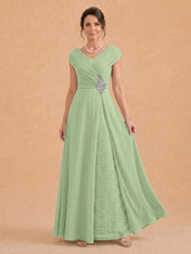 V-Neck Ruched Chiffon A-Line Mother of the Bride Dress with Crystal Brooch