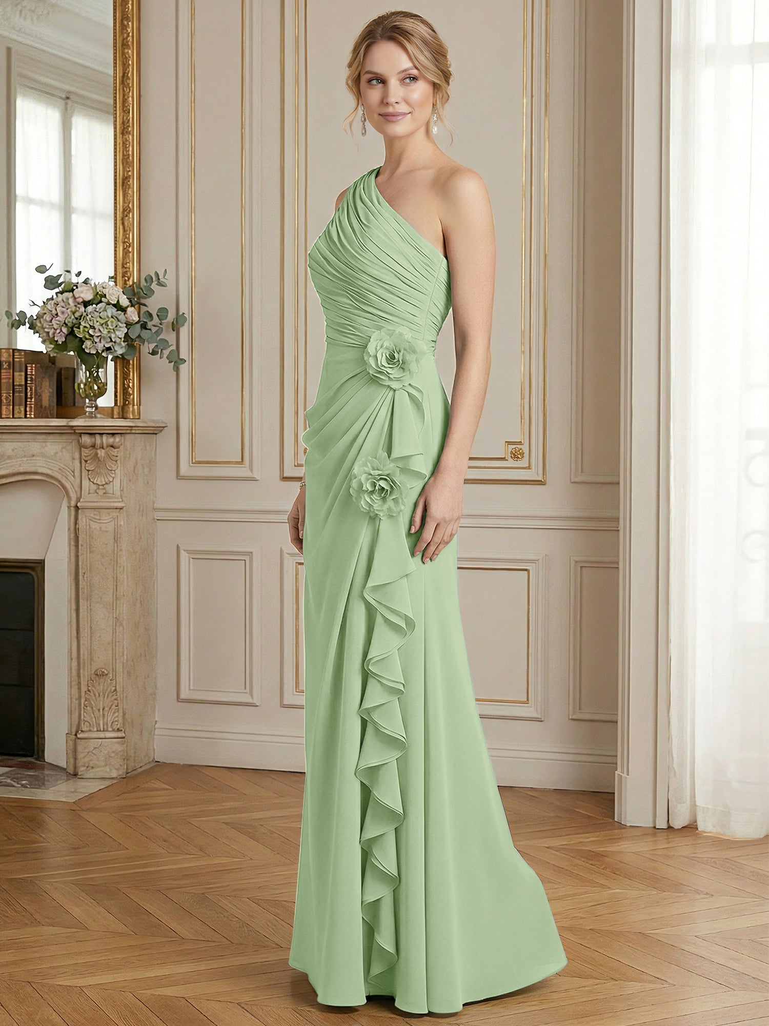 Dusty Blue One-Shoulder Ruched Floral Maxi Dress Gown
