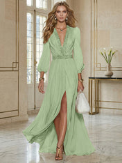 Elegant Beige Chiffon V-neck With Rhinestone Embellishments And A Side Slit Maxi Dress