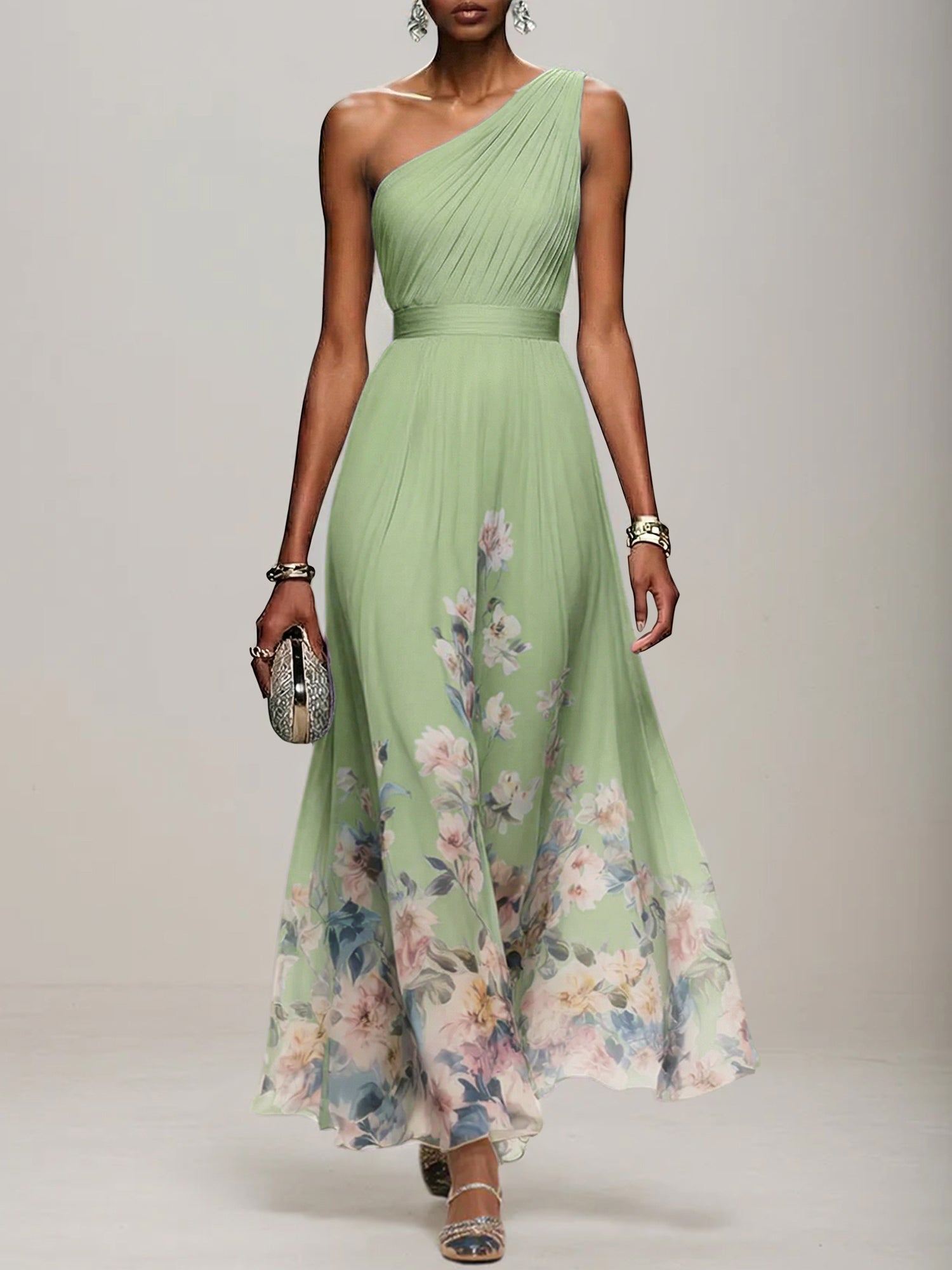Light Blue Floral Chiffon One Shoulder Sleeveless A-Line Maxi Dress Gown
