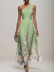 Light Blue Floral Chiffon One Shoulder Sleeveless A-Line Maxi Dress Gown