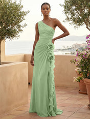 One Shoulder Pleat Mermaid A Line Ruffle Evening Dresses
