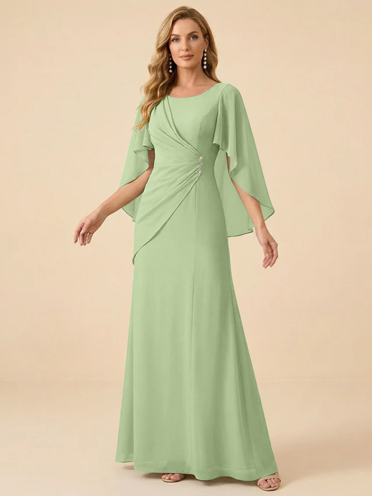Sage Green Chiffon Beaded Mother of the Bride Dress with Cape Sleeves