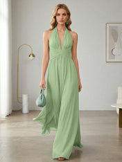 Elegant Sage Green Halter Chiffon Maxi Gown