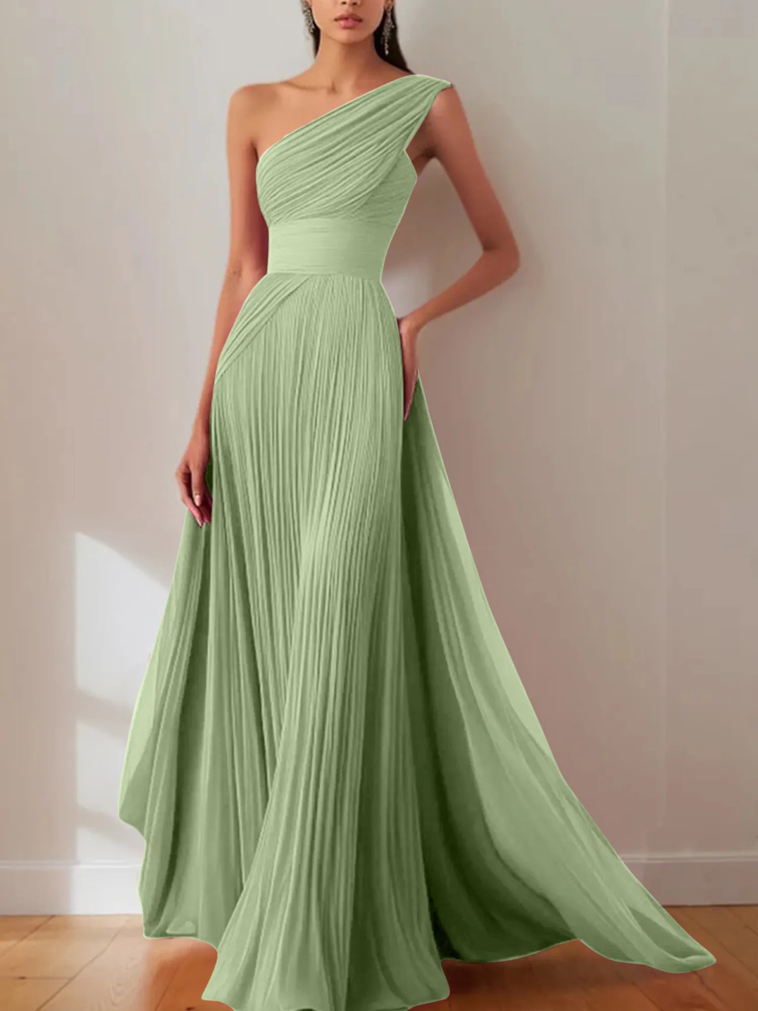Prom Formal Pleated Dress Rose Color One-Shoulder Maxi Dress