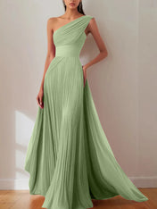 Prom Formal Pleated Dress Rose Color One-Shoulder Maxi Dress