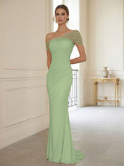 Sophisticated Blush Pink Asymmetrical Ruched Maxi Dress Evening Gown