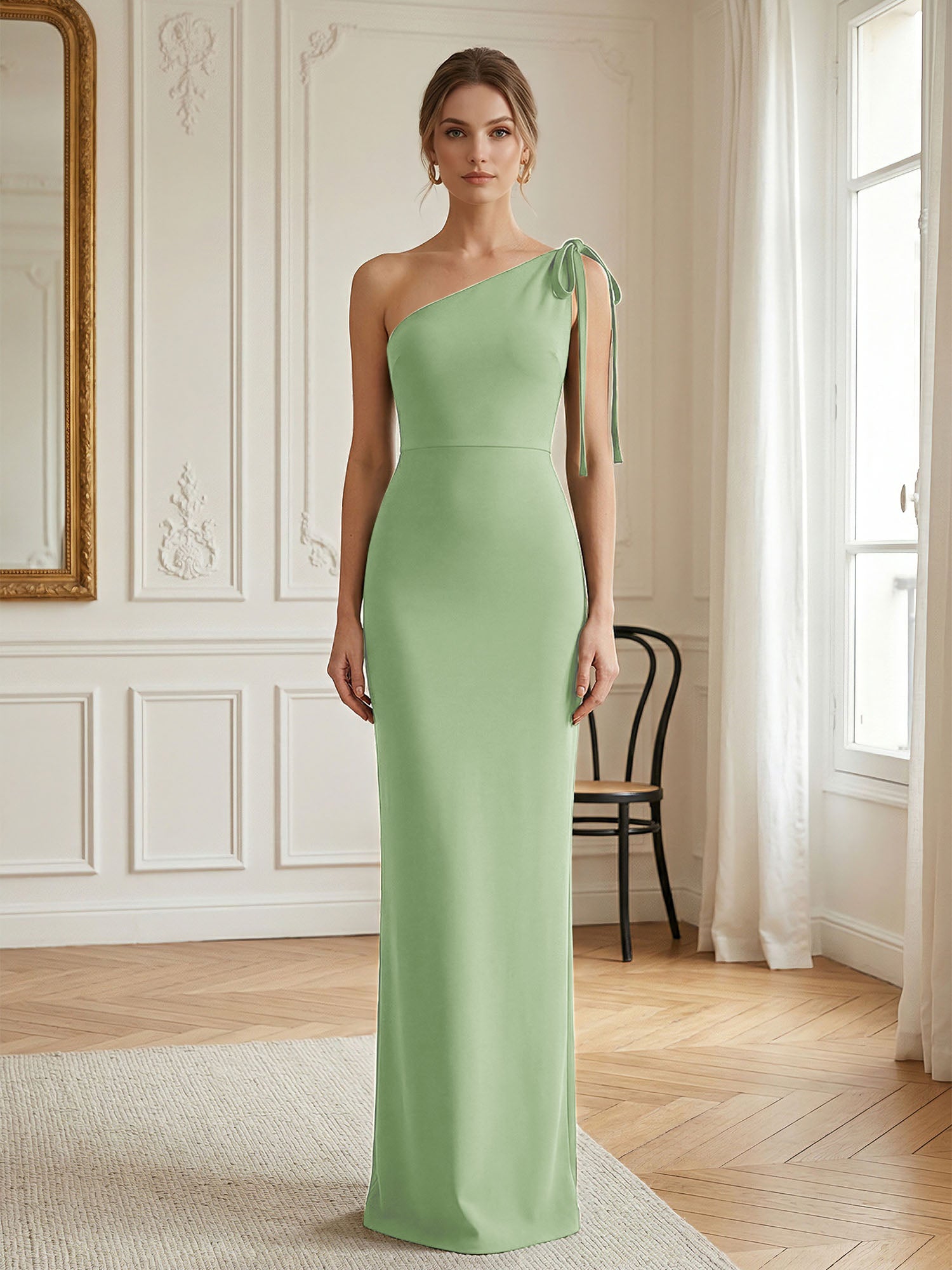 Green Formal Evening Dress Sheath One Shoulder Sleeveless Maxi Dress Gown