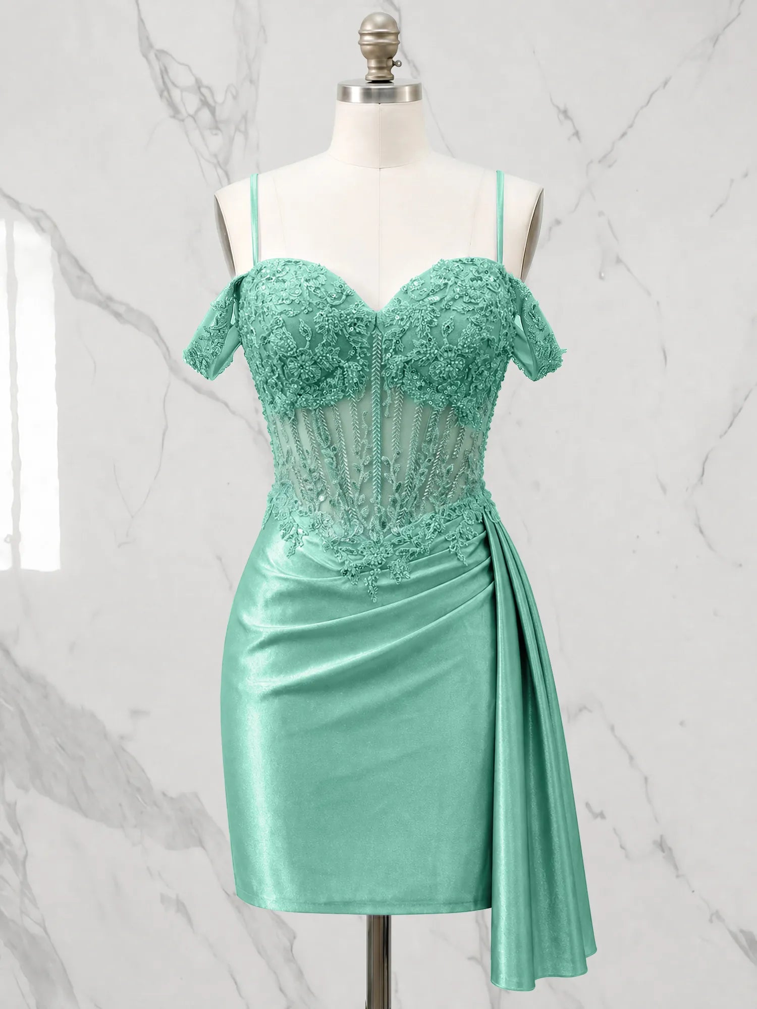 Sweetheart Sheer Corset Mini Dress with Cascading Side Drape Homecoming Dresses
