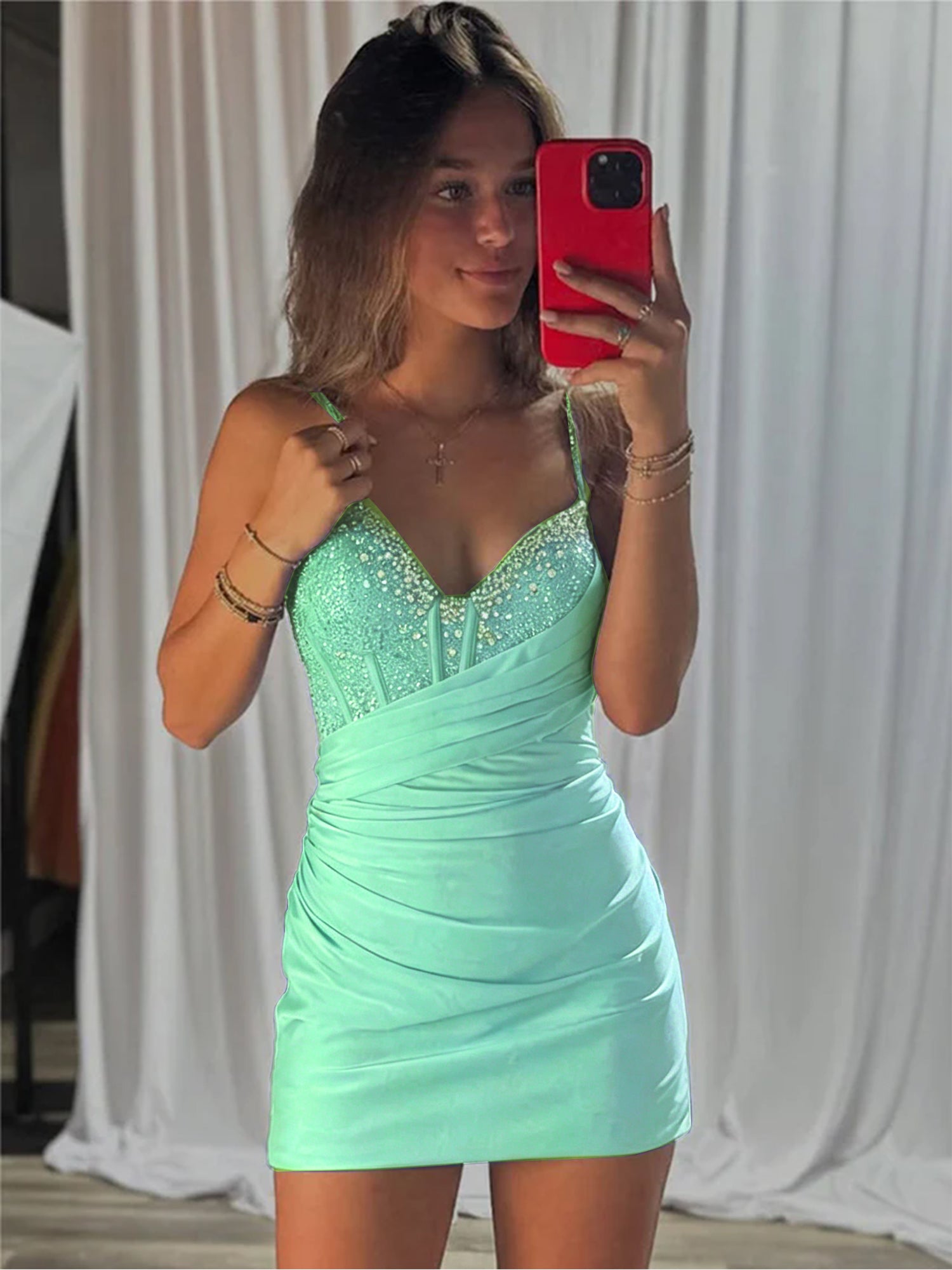 Beaded V Neck Corset Bodice Homecoming Dress