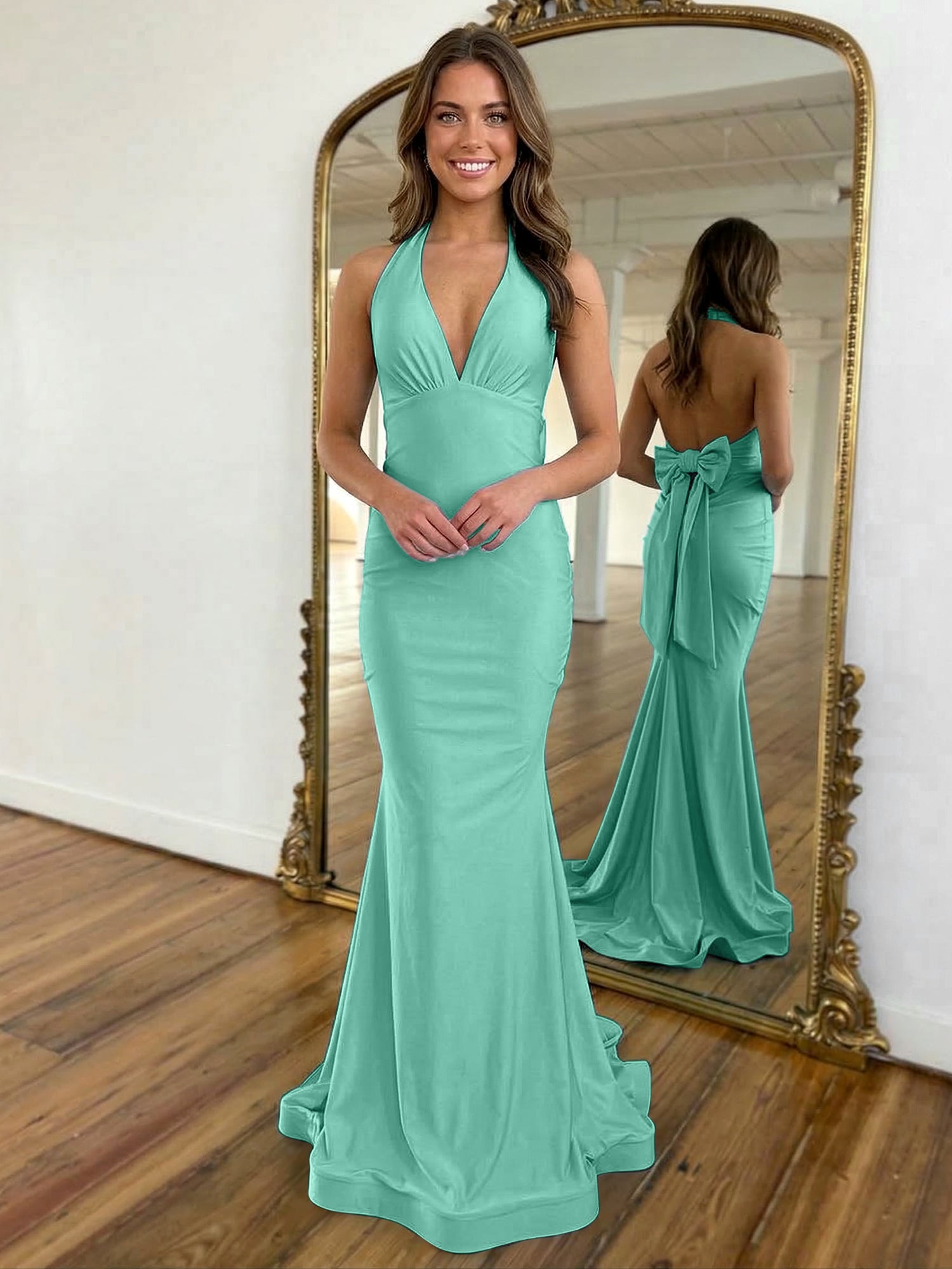 Light Blue Mermaid Halter Backless Long Prom Dress