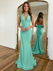 Light Blue Mermaid Halter Backless Long Prom Dress
