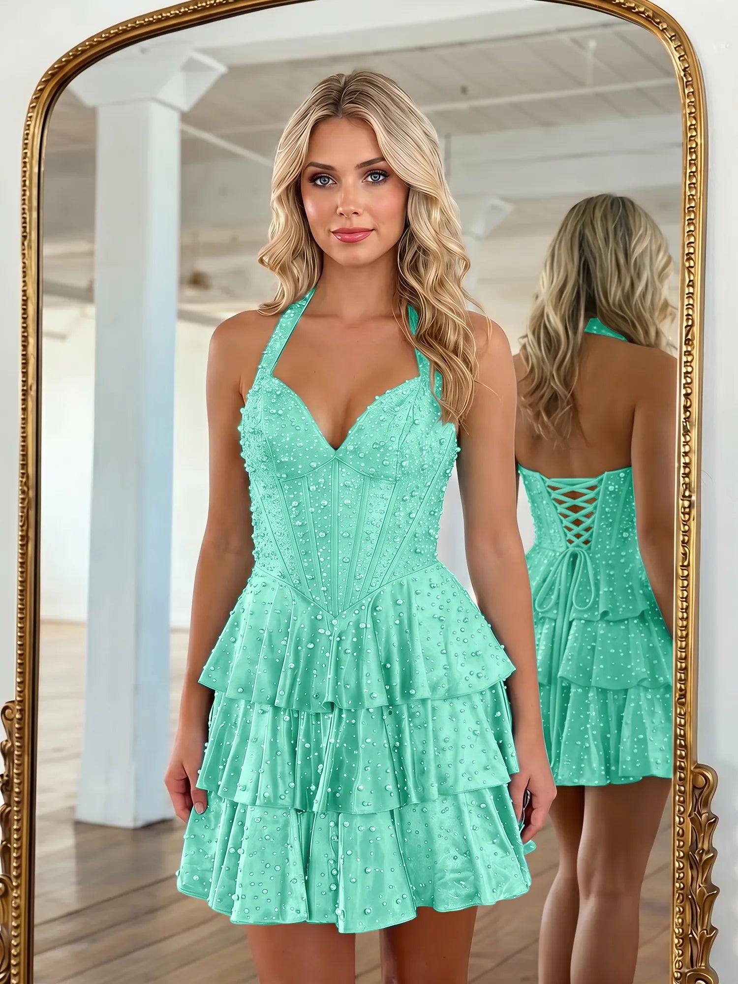 Halter Neck Pearl Beaded Tiered Short Homecoming Dresses