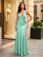 Green Appliques Soft Satin Long Prom Party Dress