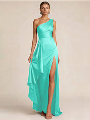 Sleek Foraml Evening Gown Midnight Navy One-Shoulder Satin Slit Maxi Dress