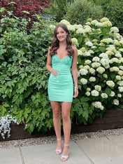 Blue V-neck Beaded Back Tie Short Homecoming Mini Dress