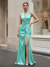 Navy Blue Halter V-Neck Satin Gown with Side Knot and High Slit Evening Dress