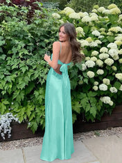 Blue A Line V-neck Beaded Back Tie Long Prom Dress