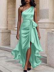 Glamorous Formal Dress Midnight Navy One Shoulder High-Low Satin Gown Midi Dress