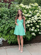 Blue A Line V-neck Beaded Back Tie Short Homecoming Mini Dress