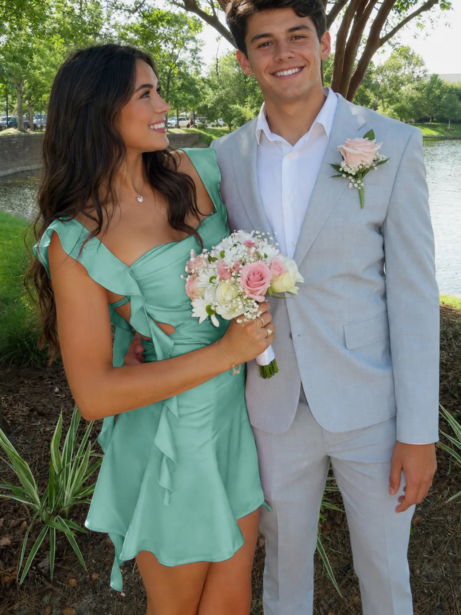 Ruffle Strap Short Homecoming Dress with Cutouts
