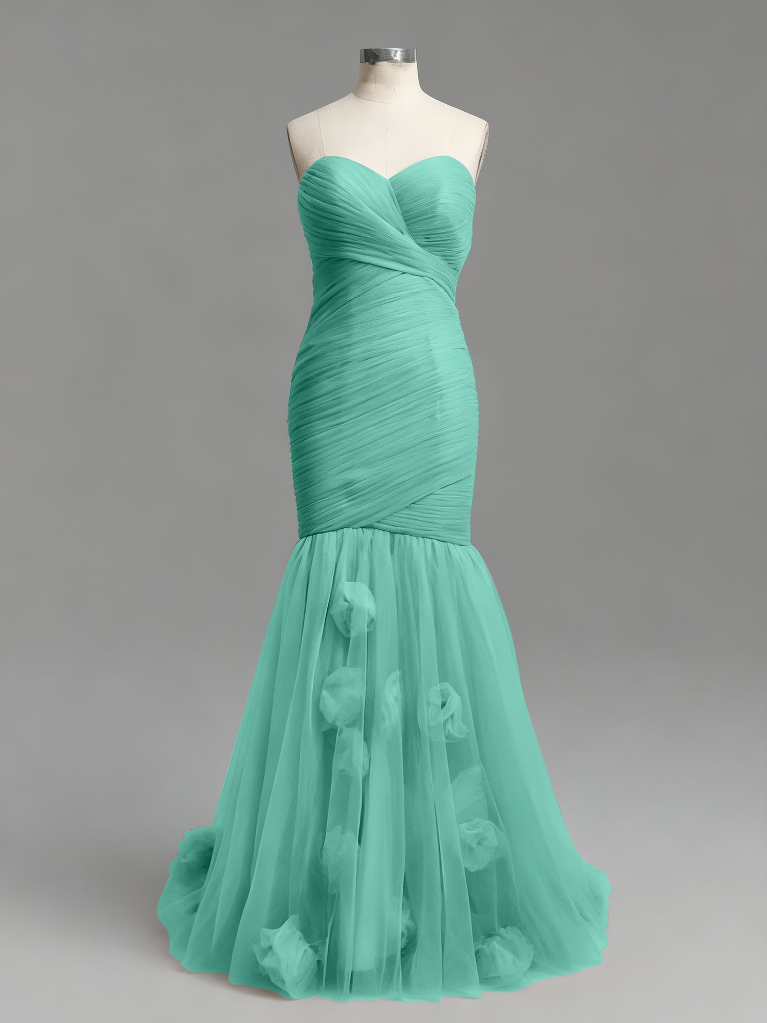 Dusty Rose Mermaid Strapless Ruched Tulle Prom Dress with 3D Floral