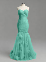 Dusty Rose Mermaid Strapless Ruched Tulle Prom Dress with 3D Floral