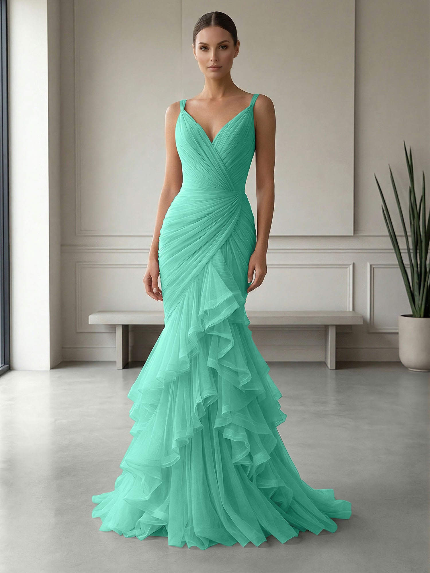 Mauve Folds Tulle Strapless Sleeveless Mermaid Gown Dress