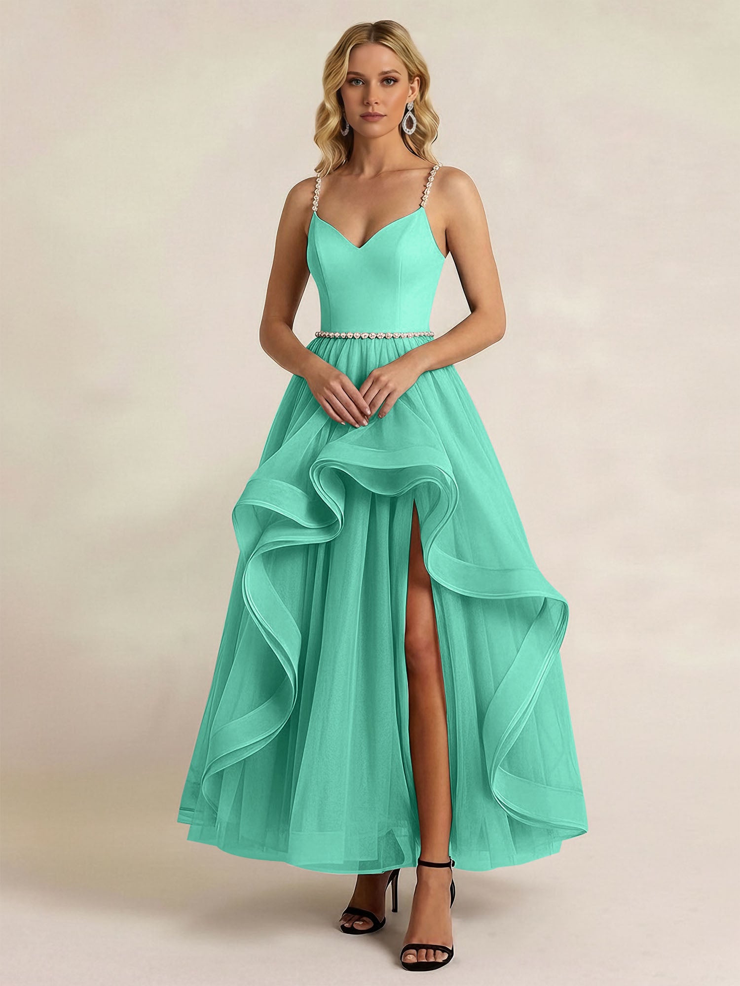 Black Tulle Ruffled A Line Long Formal Dress with Slit