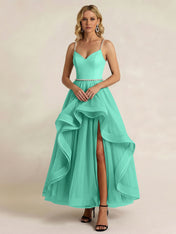 Black Tulle Ruffled A Line Long Formal Dress with Slit