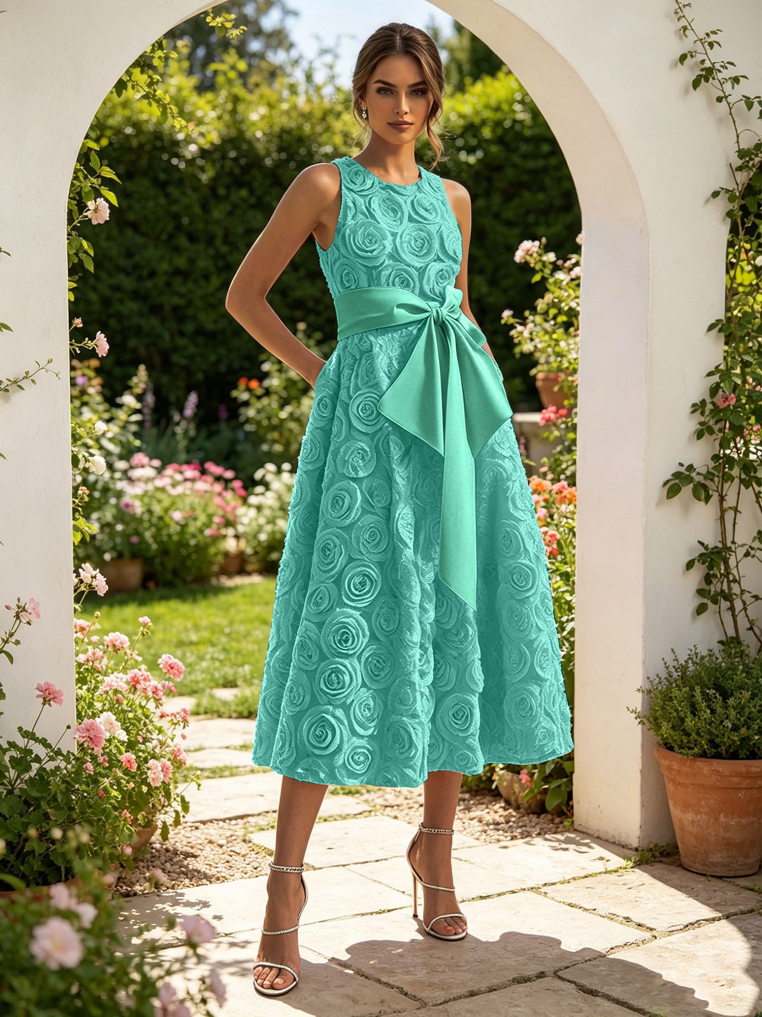 Pink 3D Floral Bow Crew Neck A-Line Midi Dress