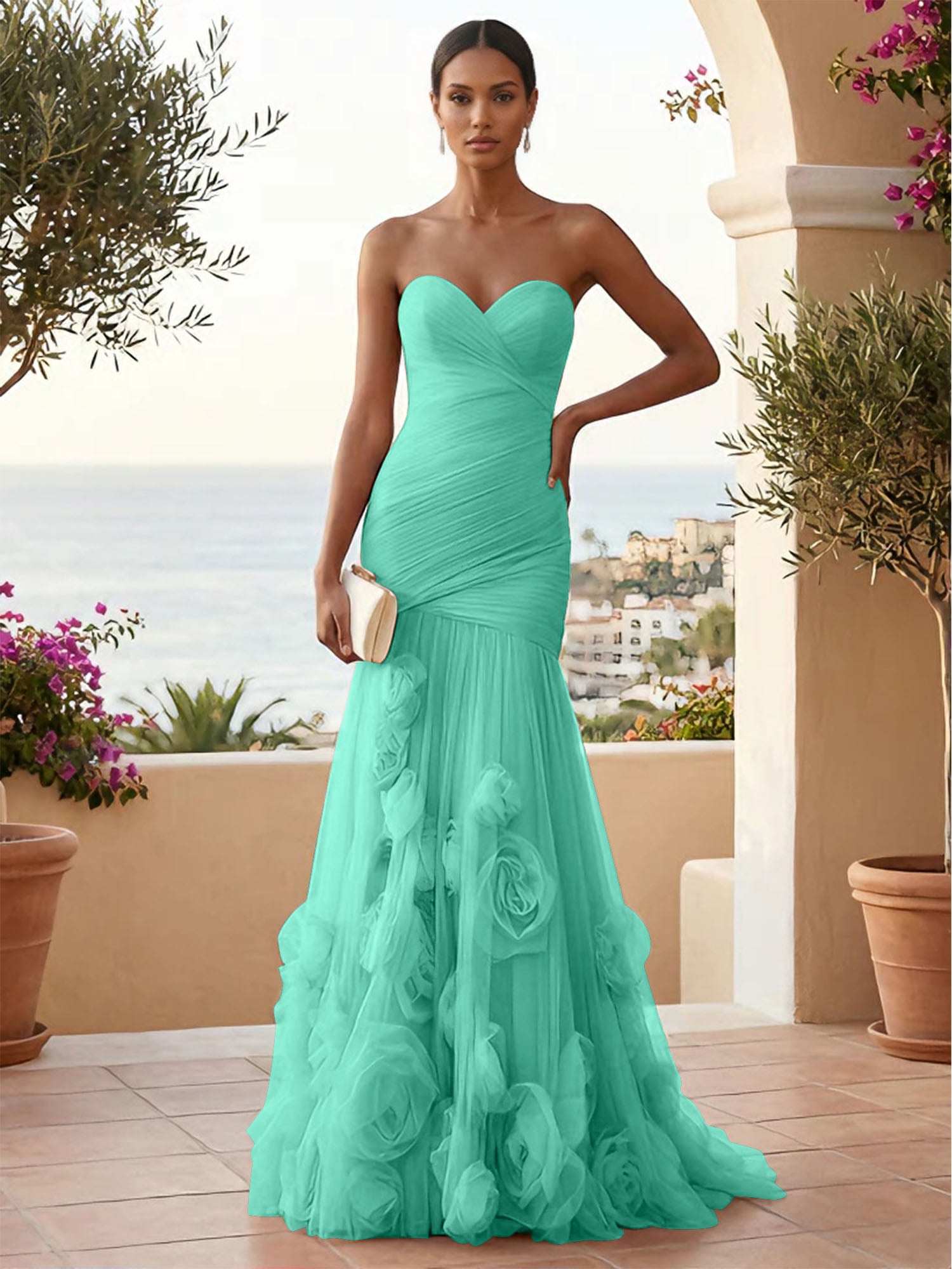 Sweetheart Tulle Pleat Mermaid Evening Dresses with 3D Flower