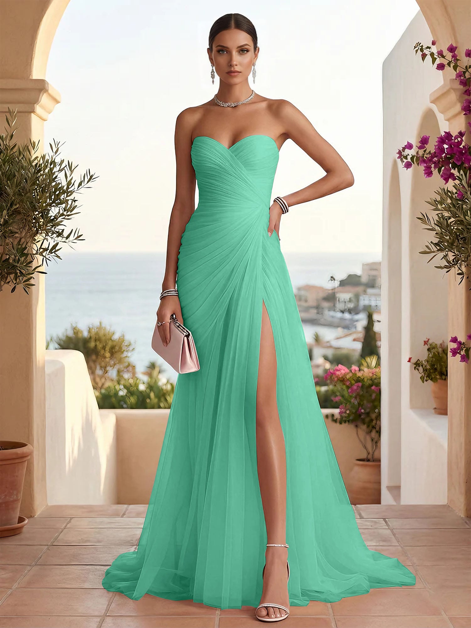 Strapless Sweetheart High Slit Tulle Pleat Prom Dress Evening Dresses