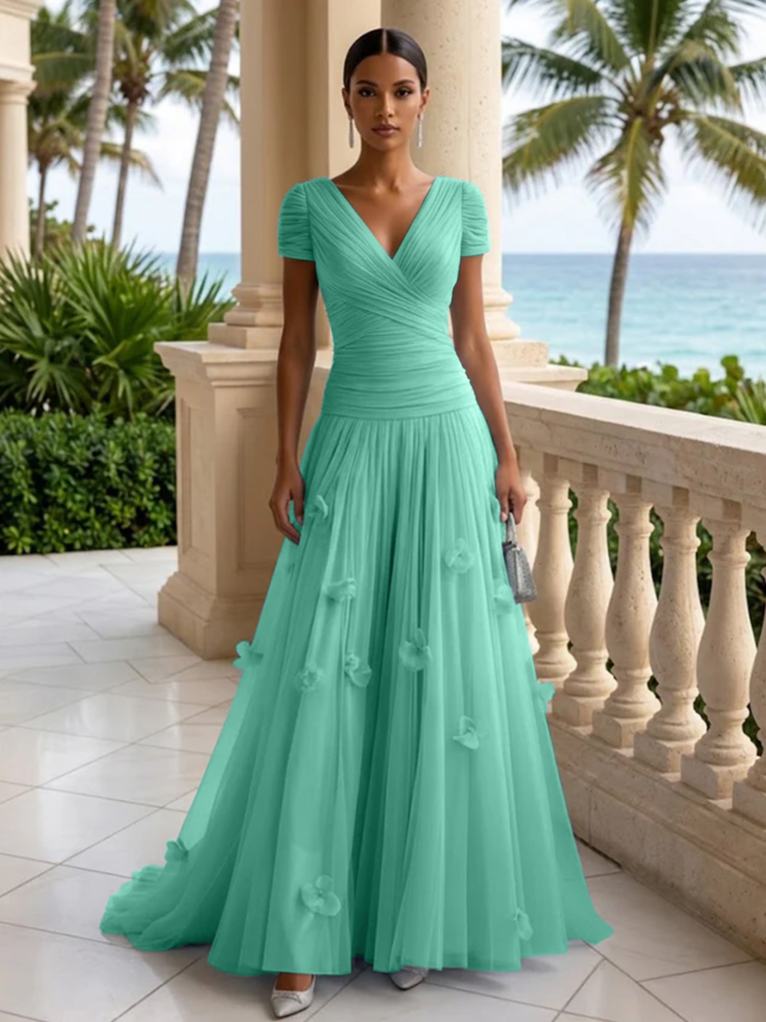 Light Blue Short-Sleeve Tulle Gown Evening Dress with 3D Flower V Neck Pleat Maxi Dress